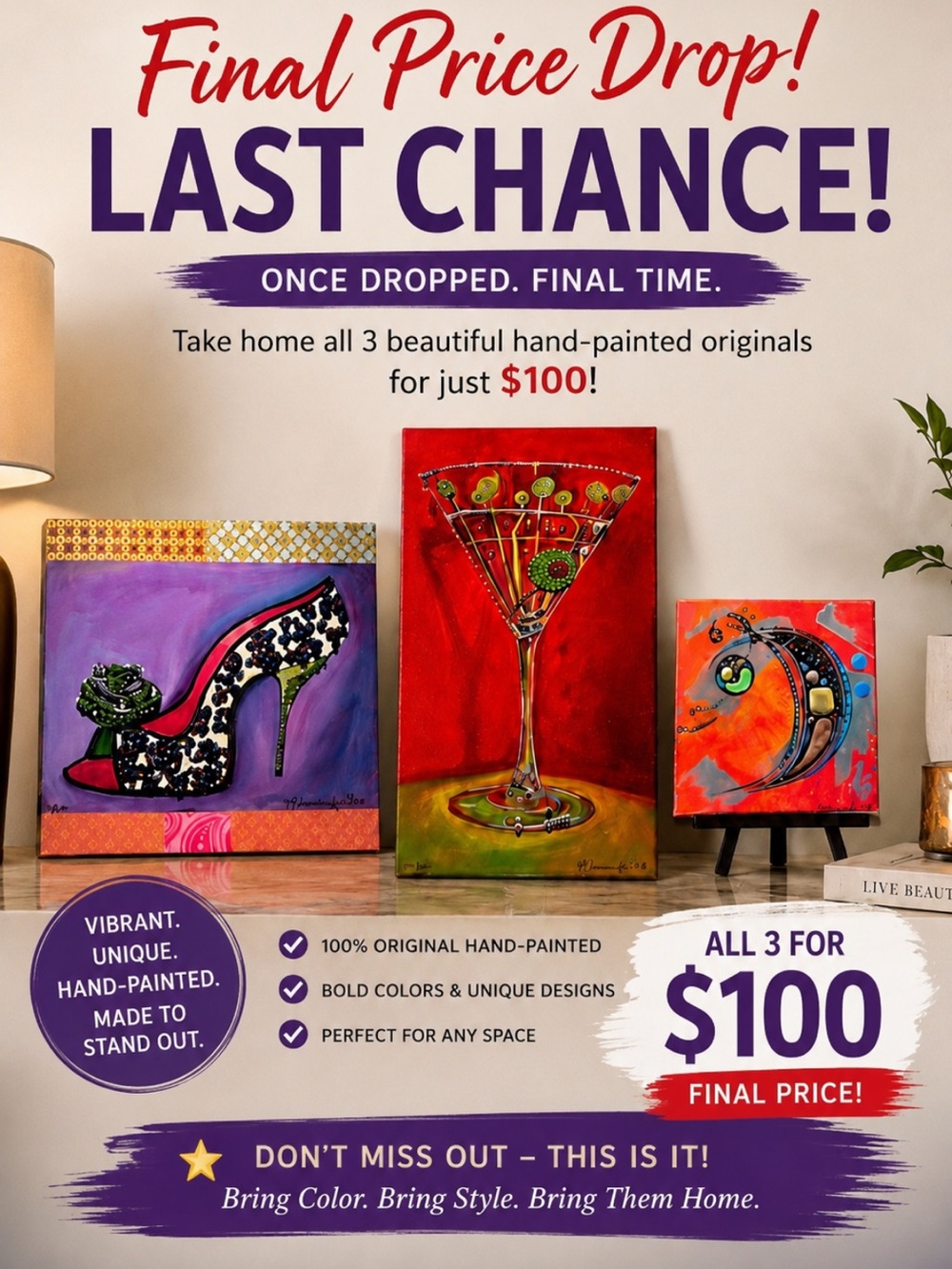 Hand-Painted Home Art Set - Red, Purple & Orange Accent Pieces
